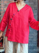 Vintage Linen V-Neck Contrast Color Shirt